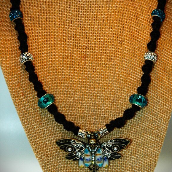 Gothic Steam Punk Skull Moth on a 20 1/2" Handmade Hemp Black Chain - Picture 2 of 5